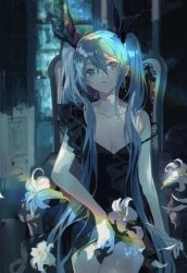 Rule 34 | 1girl, bare shoulders, blue eyes, blue hair, blush, bow, breasts, chair, cleavage, collarbone, curtains, dress, flower, frilled dress, frills, hair between eyes, hair bow, hair ornament, hatsune miku, highres, hitokoto, holding, holding flower, lily (flower), long hair, medium breasts, off shoulder, open mouth, shinkai shoujo (vocaloid), solo, strap slip, twintails, very long hair, vocaloid, water drop, wet, window