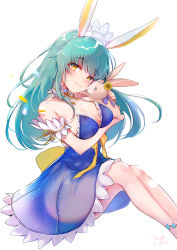 Rule 34 | 1girl, animal, animal ears, arm under breasts, bare shoulders, blue dress, blue eyes, blush, breast hold, breasts, brown eyes, cleavage, closed mouth, dated, dress, flower, green hair, head tilt, highres, long hair, medium breasts, original, rabbit, rabbit ears, signature, simple background, sitting, smile, solo, star (symbol), strapless, strapless dress, sunflower, white background, yellow flower, yukimiya yuge