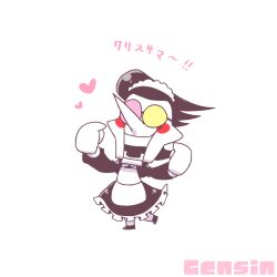 Rule 34 | 1boy, alternate costume, apron, artist name, big nose, black dress, black hair, blush stickers, commentary request, crossdressing, deltarune, dress, enmaided, genma (pixiv), glasses, heart, heterochromatic eyewear, maid, open mouth, pointing, pointing at self, pointy nose, puppet, simple background, smile, spamton g. spamton, speech bubble, standing, standing on one leg, teeth, translated, undertale, white apron, white background