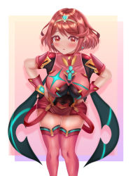 Rule 34 | 1girl, absurdres, black gloves, blush, breasts, chest jewel, earrings, fingerless gloves, gem, gloves, hands on own hips, highres, jewelry, large breasts, leaning forward, looking at viewer, miaram ai, pyra (xenoblade), red eyes, red hair, red shorts, red thighhighs, short hair, short shorts, shorts, solo, swept bangs, thighhighs, thighs, tiara, xenoblade chronicles (series), xenoblade chronicles 2