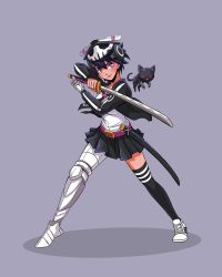 Rule 34 | 1girl, anacathie, animal, black cat, black hair, cat, commentary, english commentary, full body, glowing, glowing eyes, helmet, highres, jacket, jolly roger, katana, mariko (quiccs), mask, mask on head, mechanical hands, mechanical legs, official art, original, purple background, purple eyes, second-party source, short hair, single mechanical hand, single mechanical leg, single thighhigh, skull and crossed swords, skull mask, sword, thick lips, thighhighs, v-fin, weapon