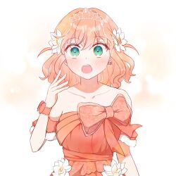 Rule 34 | 1girl, :o, aqua eyes, arm at side, blush, bow, bow earrings, collarbone, commentary request, crossed bangs, dress, dress bow, dress flower, earrings, flower, gasp, hair flower, hair ornament, hand up, highres, hinoshita kaho, jewelry, link! like! love live!, looking at viewer, love live!, medium hair, minmin 1v3, off-shoulder dress, off shoulder, official alternate costume, official alternate hairstyle, open mouth, orange bow, orange dress, orange hair, orange wrist cuffs, princess, short sleeves, side ahoge, single earring, solo, teeth, upper body, upper teeth only, virtual youtuber, wavy hair, white background, white flower, wide-eyed, wrist bow