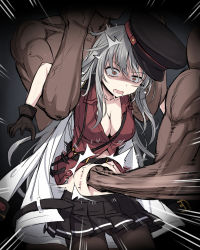 Rule 34 | 1girl, 2boys, bad id, bad pixiv id, breasts, cleavage, cnm, dark skin, dark-skinned male, covered erect nipples, gangut (kancolle), grey hair, hair between eyes, highres, kantai collection, long hair, medium breasts, multiple boys, multiple girls, muscular, open mouth, orange eyes, punching, ryona, shaded face, stomach punch, tears