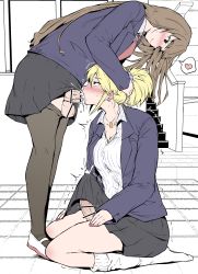2futa absurdres blonde_hair blouse blush breasts brown_hair bulge censored collarbone cum cum_in_clothes cum_in_mouth cum_through_clothes ejaculation ejaculation_under_clothes erection erection_under_clothes fellatio flat_color futa_with_futa futanari hands_on_another&#039;s_head handsfree_ejaculation highres irrumatio jewelry large_breasts large_penis long_hair makin_tama multiple_futa necklace oral pantyhose penis pointless_censoring school school_uniform shirt smile testicles white_shirt
