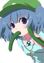 Rule 34 | 1girl, bad id, bad pixiv id, blue eyes, blue hair, cucumber, face, female focus, hat, ica, kawashiro nitori, key, matching hair/eyes, mouth hold, sexually suggestive, short hair, solo, touhou, two side up