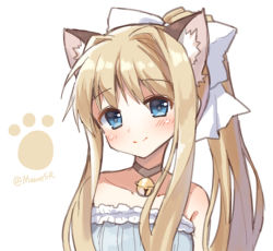 Rule 34 | 1girl, air (visual novel), animal ears, bare shoulders, bell, blonde hair, blue dress, blue eyes, blush, bow, brown neckwear, cat ears, choker, closed mouth, collarbone, dress, hair between eyes, hair bow, head tilt, high ponytail, jingle bell, kamio misuzu, long hair, looking at viewer, mauve, neck bell, off-shoulder dress, off shoulder, ponytail, sidelocks, simple background, smile, solo, twitter username, white background, white bow