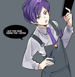 Rule 34 | 1boy, apron, blue apron, collared shirt, commentary request, english text, grey background, hand on own hip, holding, lobotomy corporation, lobotomy corporation logo, long sleeves, male focus, medu (rubish), necktie, open mouth, project moon, purple armband, purple hair, purple necktie, shirt, short hair, simple background, solo, speech bubble, white shirt, yellow eyes, yesod (project moon)