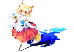 Rule 34 | 1girl, animal ears, apron, blonde hair, boots, drinking straw, fish, flower, food, fox ears, fox tail, fruit, full body, gem, glass, goldfish, hair ornament, hairpin, hakama, hakama skirt, hibiscus, highres, japanese clothes, lime (fruit), multicolored eyes, original, purple eyes, red eyes, red hakama, sakurano miya, short hair, skirt, solo, tail, tray, turtle, yellow eyes