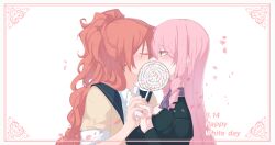 Rule 34 | 2girls, aaaaddddd, absurdres, akuma no riddle, black dress, blush, brown shirt, candy, closed eyes, commentary, dress, drill hair, earrings, english text, falling petals, food, from side, highres, holding, holding candy, holding food, holding hands, inukai isuke, jewelry, kiss, lollipop, long hair, looking at another, multiple girls, orange eyes, petals, pink hair, ponytail, purple scarf, red hair, ring, sagae haruki, scarf, shirt, short sleeves, simple background, stud earrings, swirl lollipop, upper body, wedding ring, white background, white day, wife and wife, yuri