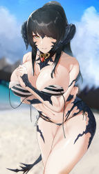 Rule 34 | 1girl, absurdres, au ra, bare shoulders, bikini, black hair, blue sky, breasts, cleavage, cloud, day, eyeliner, final fantasy, final fantasy xiv, grin, highres, horns, kataku musou, large breasts, long hair, looking at viewer, makeup, navel, outdoors, scales, sky, smile, solo, striped bikini, striped clothes, swimsuit, tail, yellow eyes