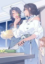 Rule 34 | 3girls, :o, ahoge, apron, blue skirt, blush, brown eyes, brown hair, collared shirt, cucumber, cucumber slice, cutting board, drooling, closed eyes, feeding, hair up, highres, holding, holding knife, ibex, indoors, knife, medium hair, mixing bowl, multiple girls, oven mitts, shirt, skirt