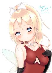 Rule 34 | 1girl, absurdres, artist request, ayase eli, bare shoulders, black gloves, blonde hair, blue eyes, blush, bow, breasts, caffeine2133, collarbone, dress, elbow gloves, fairy wings, female focus, gloves, hair between eyes, hair bow, hand on own breasts, highres, kafein (caffeine2133), long hair, looking at viewer, love live!, love live! school idol project, medium breasts, neck ribbon, parted lips, ponytail, red dress, ribbon, smile, solo, white background, white bow, white ribbon, wings