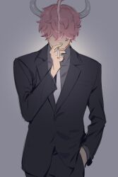 Rule 34 | 1boy, black jacket, black pants, cigarette, grey background, grey shirt, hair over eyes, hand in pocket, horns, jacket, male focus, necktie, one piece, pants, pink hair, raine (acke2445), shirt, short hair, smoke, solo, upper body, white horns, who&#039;s who (one piece)