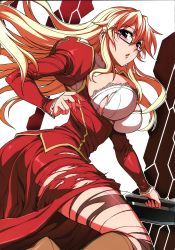 Rule 34 | 1girl, absurdres, black eyes, blonde hair, blush, boots, breasts, cleavage, freezing (series), glasses, highres, huge breasts, legs, long hair, looking at viewer, open mouth, pantyhose, satellizer el bridget, simple background, solo, soo-hyon lee, standing, sword, thighs, torn clothes, torn pantyhose, weapon