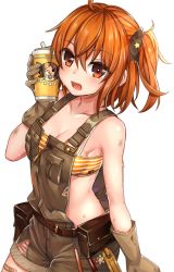 Rule 34 | 1girl, :d, ahoge, bandaid, bandaid on leg, bandeau, bare shoulders, belt, belt buckle, belt pouch, blush, breast pocket, breasts, brown belt, brown gloves, brown overalls, brown scrunchie, buckle, cleavage, collarbone, commentary request, cowboy shot, cup, dirty, fate/grand order, fate (series), fujimaru ritsuka (female), fujimaru ritsuka (female) (greatest journey), gloves, hair between eyes, hair ornament, hair scrunchie, holding, holding cup, looking at viewer, medium breasts, medium hair, official alternate costume, open mouth, orange bandeau, orange eyes, orange hair, overalls, pocket, pouch, saint quartz (fate), scrunchie, shiny skin, shuutou haruka, side ponytail, sidelocks, simple background, smile, solo, standing, star (symbol), striped, sweat, torn clothes, torn overalls, white background, zipper, zipper pull tab