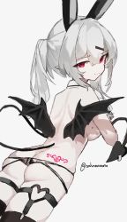 Rule 34 | 1girl, 343 (sashimi), animal ears, ass, bad id, bad pixiv id, black panties, black thighhighs, black wings, breasts, butt crack, closed mouth, commentary request, demon girl, demon tail, demon wings, from behind, grey background, grey hair, hair between eyes, hair ornament, hairclip, heart o-ring, highres, looking at viewer, looking back, medium breasts, mini wings, mole, mole on breast, original, panties, rabbit ears, red eyes, simple background, skindentation, smile, solo, tail, thighhighs, twintails, twitter username, underwear, wings