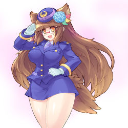 Rule 34 | 1girl, animal ears, breasts, brown hair, fax ogawa, flower, glasses, gloves, hair flower, hair ornament, hat, hydrangea, large breasts, legs, long hair, original, plump, salute, seyano ajisai, solo, thick thighs, thighs, uniform, wide hips