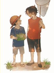 Rule 34 | 2boys, black footwear, black hair, black shorts, blue shirt, brothers, child, closed eyes, commentary request, dappled sunlight, full body, grass, grin, hat, height difference, highres, holding, kamome (penguin n), legs apart, looking at another, male focus, monkey d. luffy, multiple boys, one piece, open mouth, plant, portgas d. ace, red shirt, sandals, sanpaku, shirt, short hair, short sleeves, shorts, siblings, simple background, sleeveless, sleeveless shirt, smile, standing, straw hat, sunlight, v-shaped eyebrows, very short hair, white background, white shorts