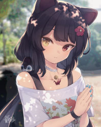 Rule 34 | 1girl, animal ears, bare shoulders, bell, black hair, blue nails, blurry, blurry background, blush, brown eyes, closed mouth, collarbone, commentary request, day, depth of field, dog ears, dog hair ornament, flower, hair flower, hair ornament, hands up, heterochromia, inui toko, jingle bell, long hair, low twintails, nail polish, natsuki teru, nijisanji, off-shoulder shirt, off shoulder, outdoors, own hands together, palms together, red eyes, red flower, shirt, signature, smile, solo, twintails, upper body, virtual youtuber, white shirt