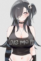 Rule 34 | 1girl, bare shoulders, breasts, checkered background, cleavage, elbow sleeve, grey eyes, hair over one eye, jessie nair, jewelry, large breasts, mole, mole on breast, navel, necklace, oh (aung ae), original, smile, tank top, upper body