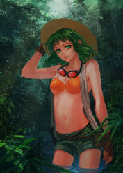 Rule 34 | 1girl, bad id, bad pixiv id, bikini, bikini top only, fingerless gloves, gloves, goggles, green eyes, green hair, gumi, hat, matching hair/eyes, navel, pouch, short hair, smile, solo, straw hat, swimsuit, vocaloid, wading, water, wet, yamakawa umi