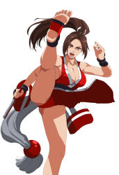 Rule 34 | 1girl, absurdres, barefoot, breasts, bridal gauntlets, brown hair, cleavage, fatal fury, feet, fighting stance, folded fan, folding fan, hand fan, highres, japanese clothes, kicking, kuroi ohagi, long hair, ninja, pelvic curtain, ponytail, revealing clothes, shiranui mai, simple background, snk, soles, solo, the king of fighters, toeless legwear, toes, white background