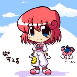 Rule 34 | 1girl, blue eyes, blush stickers, chibi, cloud, gloves, ikkyuu, pants, pastel (twinbee), pink hair, shoes, smile, solo, standing, twinbee, winbee