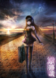 Rule 34 | 1girl, ahoge, bare shoulders, black hair, black skirt, black thighhighs, breasts, brown hair, cleavage, cloud, cloudy sky, corset, detached collar, detached sleeves, evening, fufu, glowing, green eyes, hair between eyes, hair ornament, hieroglyph, highres, horizon, jewelry, lamppost, light rays, lipstick, long legs, looking at viewer, makeup, miniskirt, necklace, original, outstretched arm, pale skin, red lips, reflection, shiny skin, shoes, signature, skirt, sky, solo, star (symbol), suitcase, sun, sunbeam, sunlight, sunset, thighhighs, walking, water, zettai ryouiki