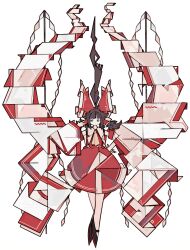 Rule 34 | 1girl, :/, abstract, absurdres, adapted costume, ascot, black footwear, bow, brown eyes, brown hair, closed mouth, commentary request, detached sleeves, floating clothes, floating hair, full body, gohei, hair bow, hair tubes, hakurei reimu, hand on own hip, hand up, harano kaguyama, highres, long hair, long sleeves, mary janes, ponytail, red bow, red skirt, red vest, shide, shoes, sidelocks, simple background, skirt, skirt set, solo, standing, tiptoes, touhou, very long hair, vest, w, white background, wide sleeves, yellow ascot