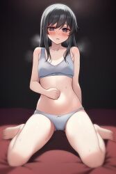 Rule 34 | 1girl, asashio (kancolle), bare legs, bare shoulders, barefoot, black hair, blue eyes, blurry, blush, bow, bow panties, breasts, collarbone, depth of field, grey panties, highres, kantai collection, long hair, looking at viewer, navel, nuka (nvkka), open mouth, panties, sidelocks, sitting, small breasts, solo, sports bra, underwear, wariza