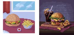Rule 34 | artist progress, burger, cheese, commentary, cup, cutting board, drink, drinking glass, drinking straw, fast food, food, food focus, french fries, ice, ice cube, indoors, ketchup, lettuce, no humans, original, scilex, sesame seeds, still life
