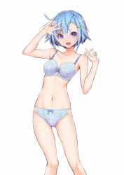 Rule 34 | 1boy, :d, ahoge, blue bra, blue eyes, blue hair, blush, bra, hair ornament, hairclip, hand up, heart, heart-shaped pupils, highres, looking at viewer, male focus, navel, open mouth, original, panties, simple background, smile, solo, standing, star (symbol), star hair ornament, symbol-shaped pupils, taropun, trap, underwear, underwear only, v, white background