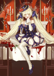 Rule 34 | 1girl, bare shoulders, blonde hair, blood, blue bow, blue dress, blue footwear, blue hat, blush, bow, broken mirror, brown eyes, candlestand, chair, commentary, covered mouth, dress, food, fork, full body, hair bow, haruri, hat, high heels, highres, indoors, knife, long hair, looking at viewer, mirror, off-shoulder dress, off shoulder, on table, original, pantyhose, petals, shoes, sitting, solo, table, tilted headwear, very long hair, white pantyhose