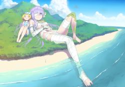 Rule 34 | 3girls, :&gt;, ^ ^, bandage over one eye, bandaged arm, bandaged leg, bandages, barefoot, beach, blonde hair, blush, closed eyes, cloud, commentary request, fate/grand order, fate (series), forest, fujimaru ritsuka (female), giant, giantess, hands on own stomach, hat, island, kingprotea (fate), koume keito, light smile, long hair, lying, moss, mountain, multiple girls, nature, on back, one-piece swimsuit, paul bunyan (fate), purple eyes, purple hair, short hair, side-by-side, sitting, size difference, sky, smile, soaking feet, spread toes, striped clothes, striped headwear, striped one-piece swimsuit, swim cap, swimsuit, toes, tree, vertical-striped clothes, vertical-striped headwear, vertical-striped one-piece swimsuit, vertical-stripes, very long hair, water