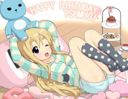 Rule 34 | 1girl, ;d, arms up, birthday, blanket, blonde hair, blue eyes, cake, casual, checkerboard cookie, cookie, cup, cupcake, dessert, food, happy birthday, heart, heart-shaped pillow, highres, k-on!, k10k, kneehighs, kotobuki tsumugi, long hair, lying, musical note, on back, one eye closed, open mouth, patterned legwear, pillow, plaid blanket, plate, polka dot, polka dot legwear, shorts, smile, socks, solo, spoon, striped, stuffed toy, teacup, tiered serving stand, tiered tray, two-tone stripes, wink