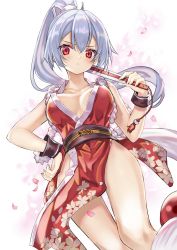 Rule 34 | 1girl, :&lt;, breasts, bridal gauntlets, cleavage, folded fan, cosplay, fatal fury, fate/grand order, fate (series), folding fan, hand fan, hand on own hip, highres, medium breasts, pelvic curtain, petals, ponytail, red eyes, shino (eefy), shiranui mai, shiranui mai (cosplay), silver hair, solo, tomoe gozen (fate)