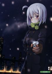 Rule 34 | 1girl, absurdres, artist name, black coat, blush, brown gloves, can, coat, gloves, hair between eyes, hand on own hip, highres, holding, holding can, long hair, looking at viewer, night, one side up, original, outdoors, red eyes, silver hair, sky, snowing, solo, star (sky), starry sky, ugume