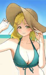 Rule 34 | 1girl, absurdres, aqua bikini, arm up, bare arms, bare shoulders, beach, bikini, blonde hair, blue sky, blurry, blurry background, blush, braid, breasts, brown hat, cleavage, collarbone, crown braid, day, dunchy, front-tie bikini top, front-tie top, grin, hair ornament, hairclip, halterneck, hand on headwear, hand up, hat, highres, horizon, large breasts, looking at viewer, love live!, love live! sunshine!!, medium hair, ocean, ohara mari, outdoors, parted lips, shade, single braid, sky, smile, solo, straw hat, sun hat, swept bangs, swimsuit, upper body, yellow eyes