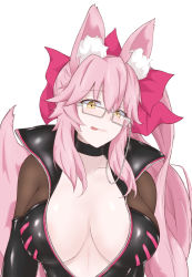 Rule 34 | 1girl, animal ear fluff, animal ears, black bodysuit, blush, bodysuit, bow, breasts, center opening, choker, cleavage, fate/grand order, fate (series), fox ears, fox girl, fox tail, glasses, hair between eyes, hair bow, koyanskaya (assassin) (first ascension) (fate), koyanskaya (fate), large breasts, long hair, looking at viewer, pink bow, pink hair, pix425, ponytail, sidelocks, smile, solo, tail, tamamo (fate), tongue, tongue out, yellow eyes