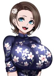Rule 34 | 1girl, blue eyes, breasts, brown hair, china dress, chinese clothes, dress, eyebrows, eyelashes, floral print, flower, hair flower, hair ornament, highres, huge breasts, hz (666v), jewelry, looking at viewer, original, short hair, smile, solo, teeth, tongue, white background