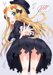 Rule 34 | 1girl, abigail williams (fate), black dress, black hat, blonde hair, blue eyes, blush, bow, commentary request, convenient censoring, dress, embarrassed, fate/grand order, fate (series), flying sweatdrops, from behind, hair bow, hat, kneepits, leaning forward, legs, long hair, looking back, no panties, open mouth, outstretched arm, outstretched hand, ribbon, sleeves past wrists, solo, spoken blush, thighs, tousaki shiina, very long hair