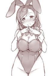 Rule 34 | 1girl, animal ears, blush, bow, bowtie, breasts, cleavage, cowboy shot, detached collar, duke (inu daimyou), fake animal ears, greyscale, groin, hair over shoulder, highleg, highleg leotard, large breasts, leotard, long hair, looking at viewer, love live!, love live! school idol project, low-tied long hair, monochrome, nose blush, playboy bunny, rabbit ears, smile, solo, steepled fingers, sweatdrop, thigh gap, tojo nozomi, wrist cuffs