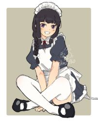 Rule 34 | 1girl, alternate costume, apron, artist logo, black dress, black hair, blunt bangs, border, braid, brown eyes, commentary request, dated, dress, enmaided, frilled apron, frills, grey background, grin, hair ribbon, highres, indian style, kantai collection, kitakami (kancolle), long hair, maid, maid apron, maid headdress, mochizou, one-hour drawing challenge, ribbon, sidelocks, sitting, smile, solo, thighhighs, tress ribbon, two-tone background, white apron, white background, white border, white thighhighs, wrist cuffs