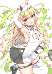Rule 34 | 1girl, arm up, armpits, azur lane, bache (azur lane), bache (showy sports star) (azur lane), ball, bare shoulders, blonde hair, blush, breasts, cleavage, cleavage cutout, clothing cutout, detached sleeves, hair between eyes, hair ornament, highres, long hair, looking at viewer, medium breasts, open mouth, purple eyes, racket, ryakusun, single thighhigh, smile, solo, sportswear, tennis ball, tennis racket, tennis uniform, thigh strap, thighhighs, twintails, two side up, very long hair, visor cap, white thighhighs