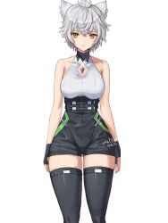 Rule 34 | 1girl, animal ears, bare arms, bare shoulders, black gloves, black shorts, black thighhighs, breasts, cat ears, cat girl, chest jewel, closed mouth, clothing cutout, commentary request, core crystal (xenoblade), crossed bangs, crystal, dated, diamond cutout, fingerless gloves, gloves, high-waist shorts, highres, looking at viewer, medium breasts, messy hair, na&#039;el (xenoblade), shirt, short hair, short shorts, shorts, simple background, sleeveless, sleeveless shirt, smile, solo, standing, straight-on, thighhighs, white background, xenoblade chronicles (series), xenoblade chronicles 3, xenoblade chronicles 3: future redeemed, yamamori kinako, yellow eyes