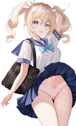 Rule 34 | 1girl, bag, barbara (genshin impact), blonde hair, blue eyes, blue skirt, blush, bow, bow panties, breasts, clothes lift, drill hair, flying sweatdrops, genshin impact, gluteal fold, highres, long hair, looking at viewer, medium breasts, nasii, navel, open mouth, panties, pink panties, school bag, school uniform, skirt, skirt lift, smile, solo, sweatdrop, thigh gap, thighs, twin drills, twintails, underwear, white background