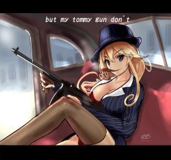 Rule 34 | 10s, 1girl, blonde hair, blue eyes, bra, breasts, brown thighhighs, car, car interior, cigar, cleavage, commentary request, english text, formal, gun, haruto (harut n), hat, iowa (kancolle), jesus revenge (meme), kantai collection, large breasts, logo, looking at viewer, motor vehicle, mouth hold, panties, pencil skirt, red bra, red panties, sitting, skirt, skirt suit, solo, striped suit, stupid movie sequels, submachine gun, suit, thighhighs, thompson submachine gun, underwear, weapon