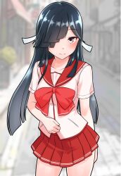 Rule 34 | 1girl, black hair, blunt bangs, bow, cowboy shot, furaggu (frag 0416), hair over one eye, hayashimo (kancolle), highres, kantai collection, long hair, looking at viewer, photo background, pink shirt, pleated skirt, red bow, red eyes, red sailor collar, red skirt, sailor collar, school uniform, serafuku, shirt, skirt, smile, solo, to heart, to heart (series)