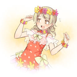 Rule 34 | 1girl, :d, bad id, bad pixiv id, bare shoulders, blush, brown eyes, brown hair, cosplay, cosplay request, dress, flower, flower bracelet, flower wreath, flying sweatdrops, hands up, head wreath, idolmaster, idolmaster cinderella girls, long hair, morikubo nono, open mouth, pink flower, red dress, red flower, ringlets, see-through, sleeveless, sleeveless dress, smile, solo, swept bangs, uccow, yellow flower