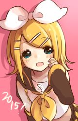 Rule 34 | 10s, 1girl, 2015, bad id, bad pixiv id, blonde hair, blush, kagamine rin, looking at viewer, open mouth, short hair, simple background, smile, solo, vocaloid, yuirinex